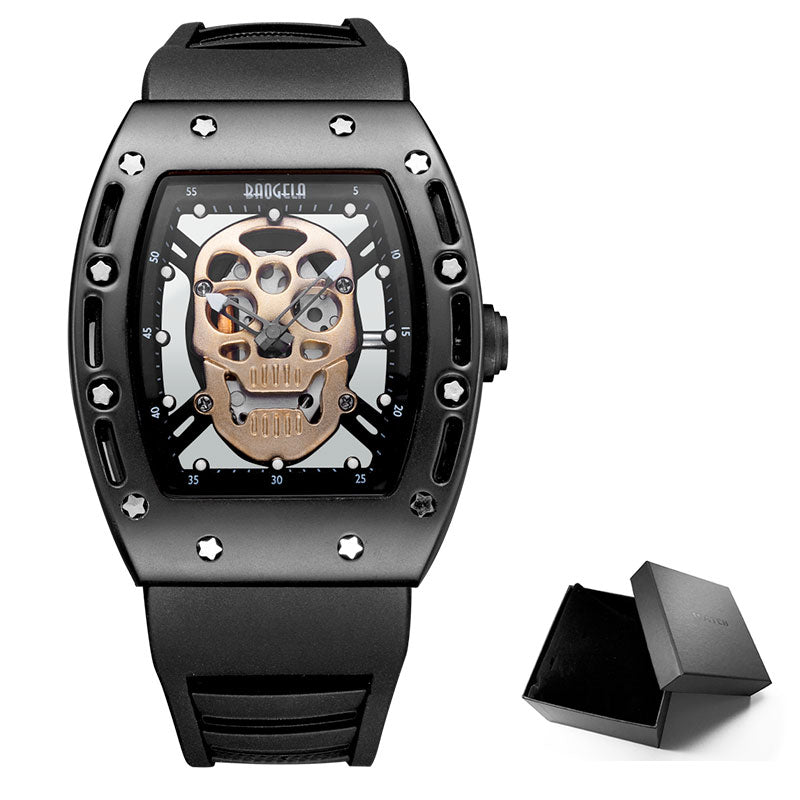 Baogela Moda Hombre Esqueleto Calavera Relojes de cuarzo luminosos Estilo militar Negro Silicona Rectángulo Dial Reloj de pulsera para Man1612