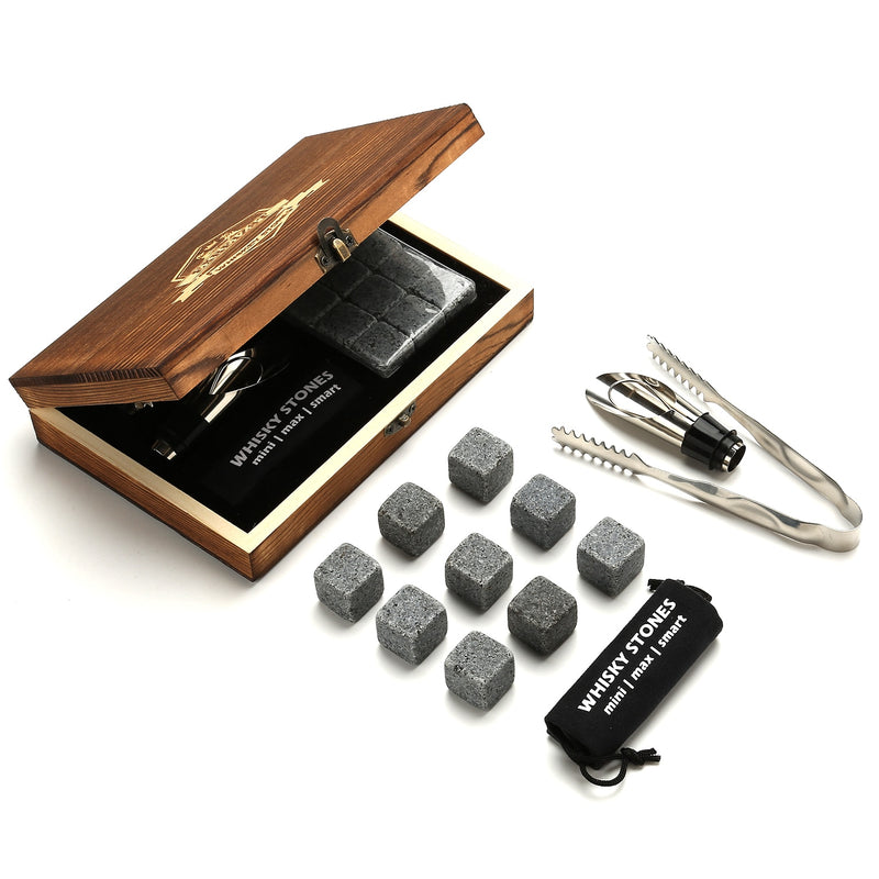 Whiskey Stones Gift Set - 9 Granite Chilling Stones Whisky Rocks - Reusable Ice Cubes with Tongs Stopper - Best Drinking Gift