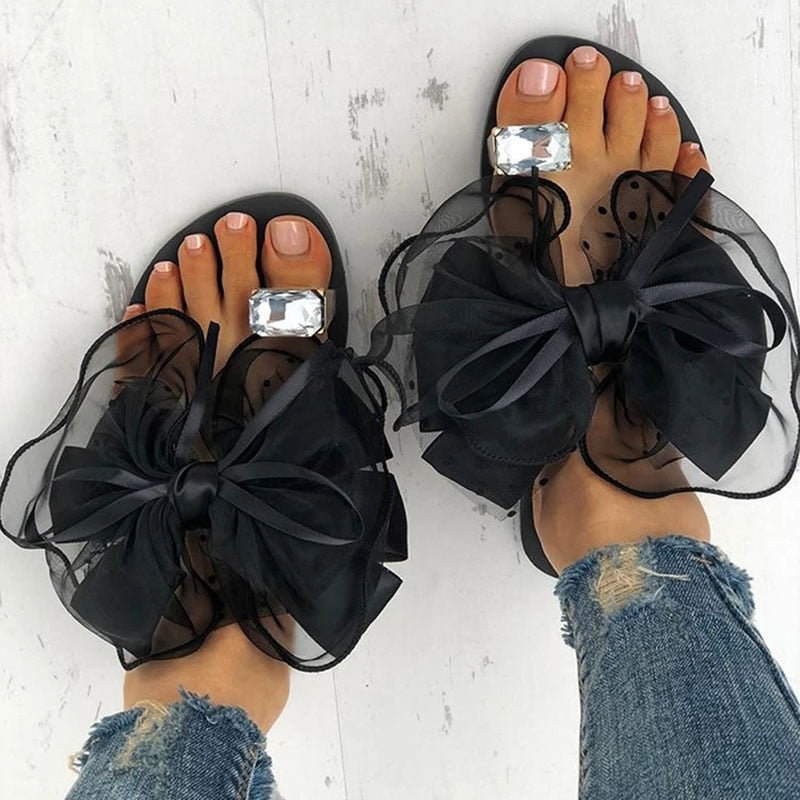 Summer Cute Bowtie Decorate Non-Slip Sandals Slipper Flats Mules Casual Fashion Female Flip Flops Mesh Beach Slides 2022 Hot