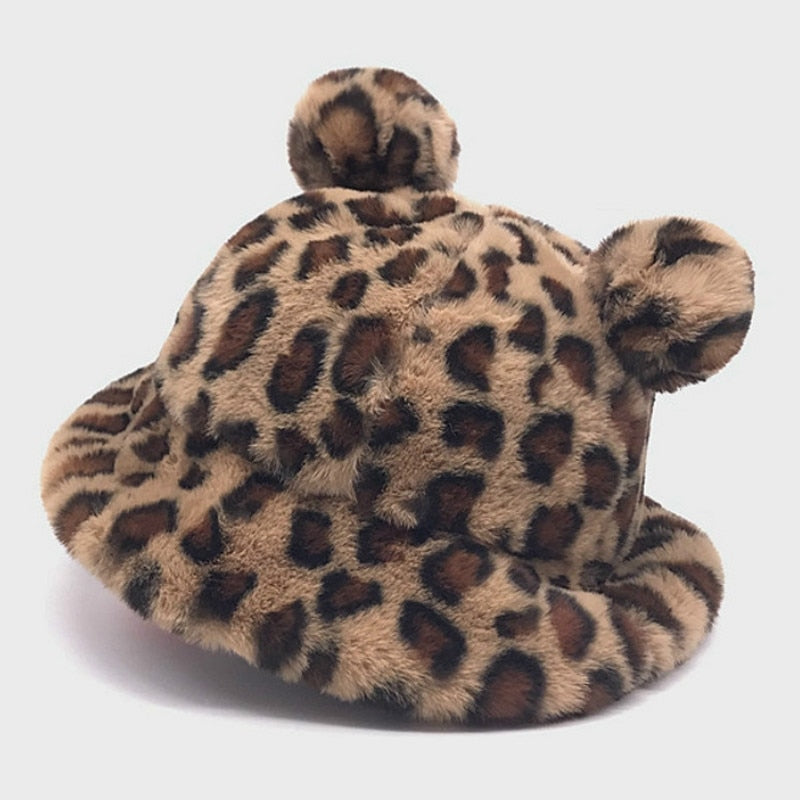 Sombrero de pescador con orejas de oso de leopardo para mujer, gorro de pescador de piel sintética gruesa y cálida, protección para exteriores, Panamá suave