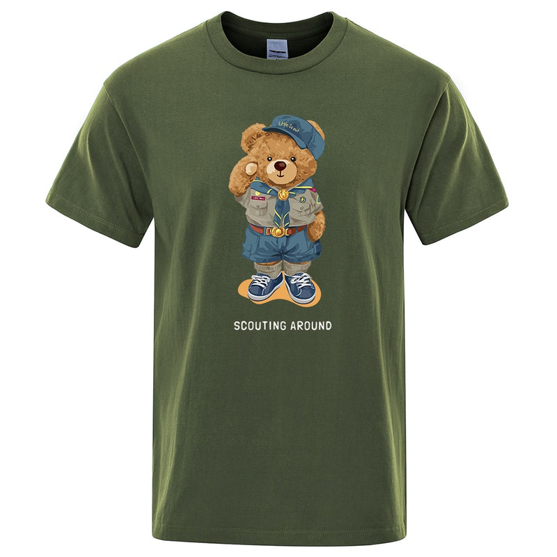 Cute Teddy Bear Salute Scoring Around Prints T Shirt Men Brand Tees Short Sleeve Retro Adult T-Shirt Summer Hip Hop T-Shirt