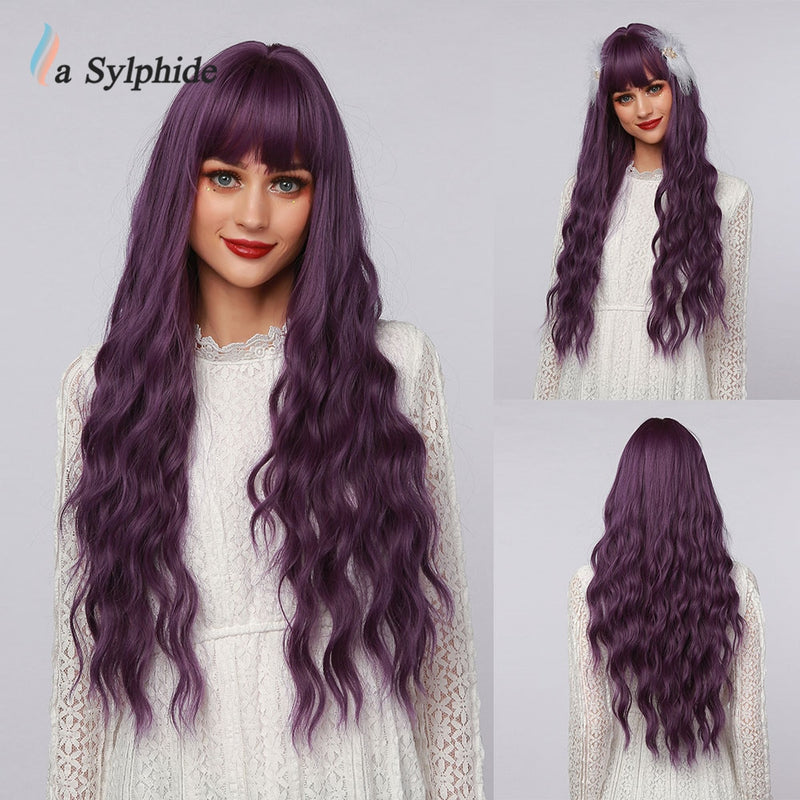 La Sylphide Halloween Cosplay Lolita peluca larga naturaleza onda púrpura pelo sintético pelucas con flequillo para mujer fibra resistente al calor