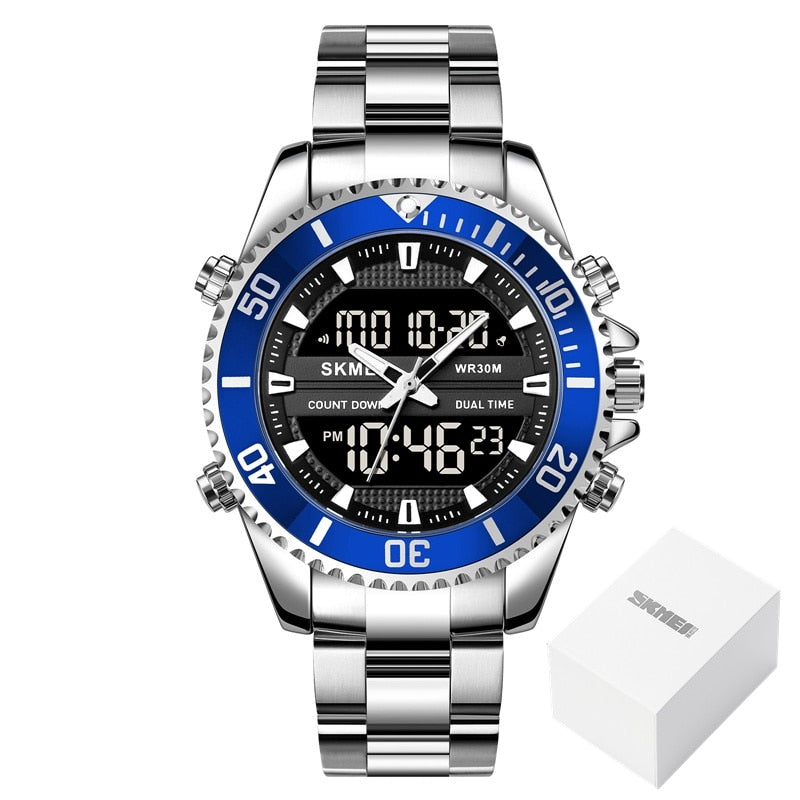 Relojes SKMEI de doble pantalla para hombre, relojes de pulsera digitales a la moda, reloj cronógrafo para hombre, reloj resistente al agua de acero inoxidable, reloj Masculino