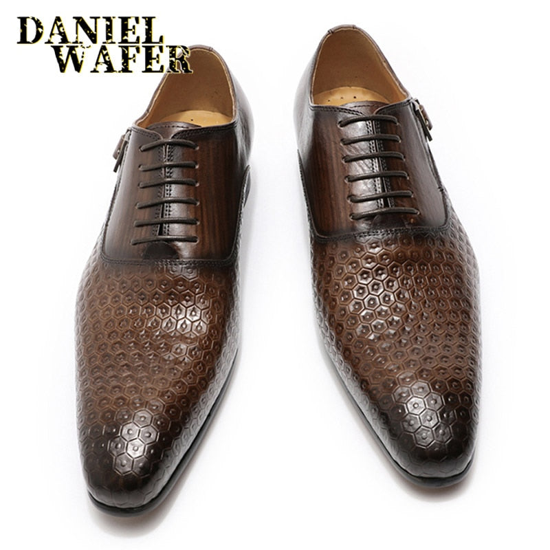 Daniel Wafer Man Schuhe Luxus echtes Leder geometrische Drucke Büro Hochzeit Mann formale schwarze Schnürung spitze Zehen Oxford Schuhe