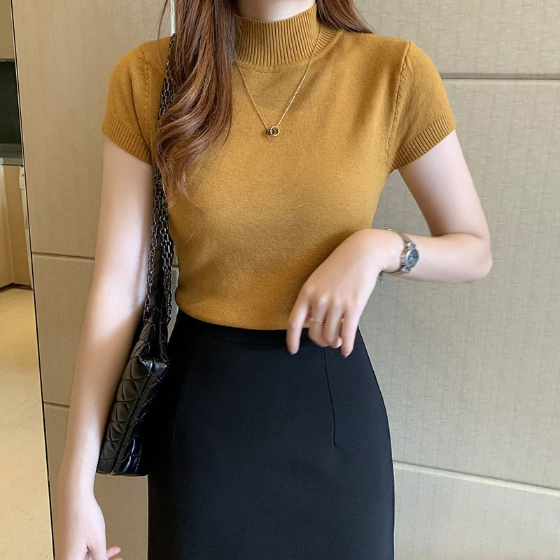 Casual Women Clothing Korean Knitted Women Top Blusas Mujer De Moda Spring Summer New Solid Slim Turtleneck Blouse Blusas 8622