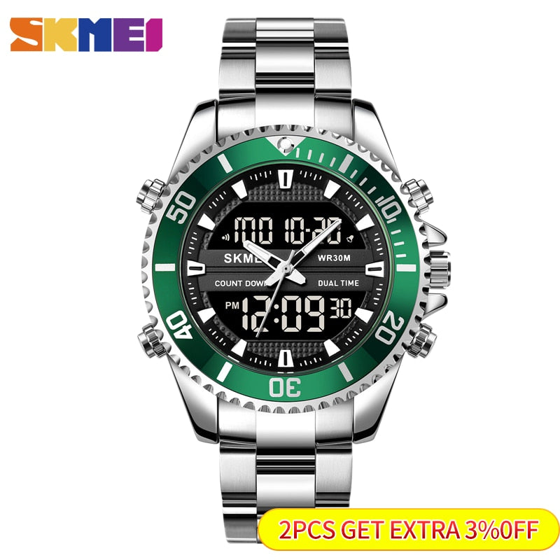 Relojes SKMEI de doble pantalla para hombre, relojes de pulsera digitales a la moda, reloj cronógrafo para hombre, reloj resistente al agua de acero inoxidable, reloj Masculino