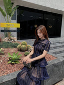 Maxikleider für Frauen 2022 New Summer Dark Blue Exquisite Lace Stitching Short Sleeve Multi-Layer Cake Dress Slimming Dress