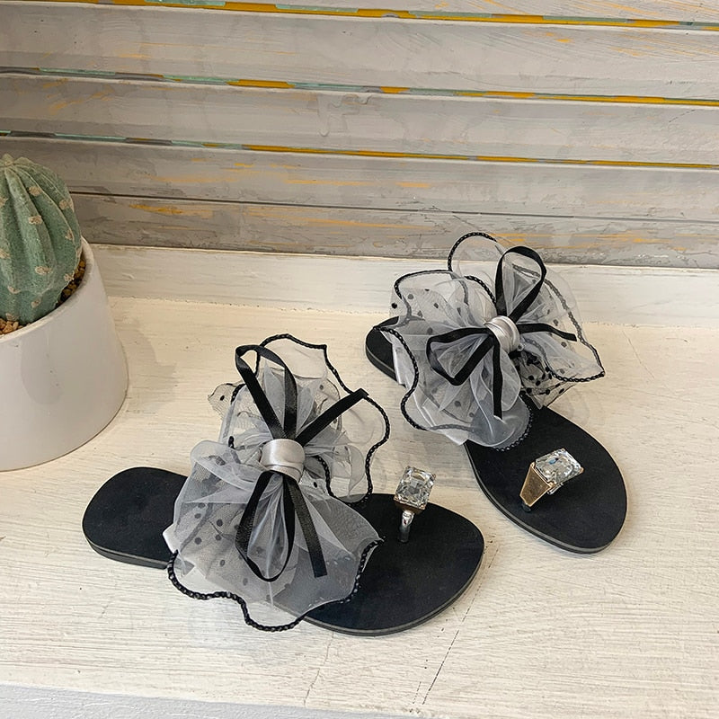 Summer Cute Bowtie Decorate Non-Slip Sandals Slipper Flats Mules Casual Fashion Female Flip Flops Mesh Beach Slides 2022 Hot