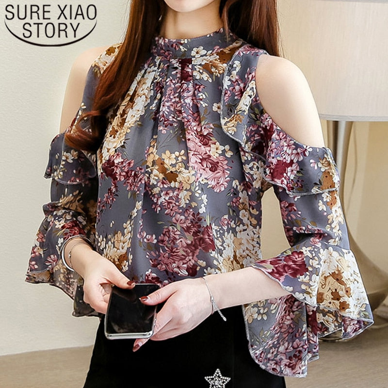 2023 Womens Blouses Tops Short Sleeve Butterfly Sleeve Chiffon Women Clothing Elegant Female Shirts Long Sleeve Floral 5388 50