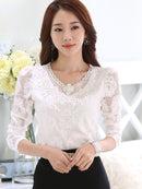 6XL ahueca hacia fuera la blusa de encaje camisa elegante señoras Tops Crochet manga larga bordado Patchwork mujeres blusas Tops blanco DF2753