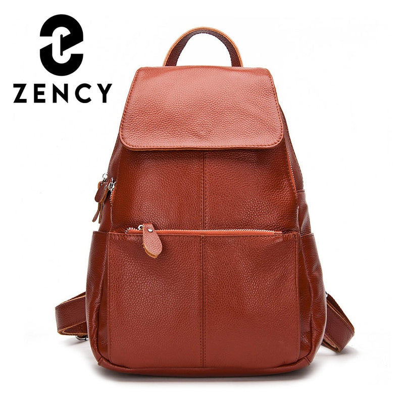 Mochila Zency 100% de cuero genuino para mujer, bolso de viaje a la moda para mujer, mochilas escolares de estilo pijo para chica, mochila para ordenador portátil, negro y blanco