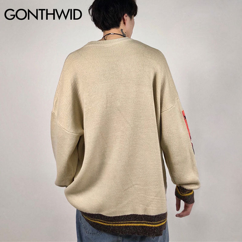 Men Knitted Sweater Streetwear Hip Hop Embrodiery Letter Van Gogh Patchwork Pullover Sweaters Harajuku Casual Loose Sweater