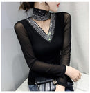 New 2022 Spring Autumn Long Sleeve T-Shirt Fashion Casual Turtleneck Diamond Woman Tshirts Elegant Slim Women's Tops Blusas