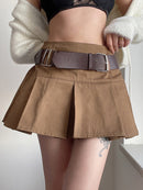 HEYounGIRL Casual Brown Pleated Mini Skirt Ladies High Waisted Short Skirts Womens with Belt Korean Fashion 90s Summer Street