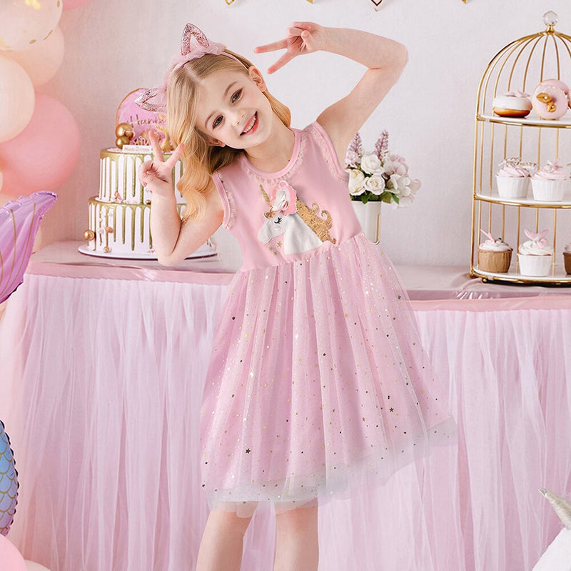 DXTON Mädchen Kleidung für Sommer Prinzessin Kleider Kinder Flare Ärmel Einhorn Druck Kleid Mädchen Party Kleider Kinder Kleidung 3-8 Jahre