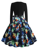Winter WeihnachtsKleider Damen 50er 60er Vintage Kleid Swing Pinup Elegant Partykleid Langarm Freizeit Print Schwarz