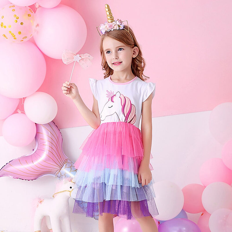 DXTON Mädchen Kleidung für Sommer Prinzessin Kleider Kinder Flare Ärmel Einhorn Druck Kleid Mädchen Party Kleider Kinder Kleidung 3-8 Jahre