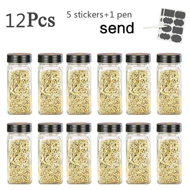 3-12PCS Set Seasoning Jar Square Glass Container Seasoning Bottle Kitchen Outdoor Camping Seasoning Container Glass Sealed Jar