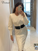DICLOUD Beige Sweater Dress Women New Autumn Elastic Long Sleeve V Neck Elegant Hollow Midi Party Dresses Knitted Fashion 2022