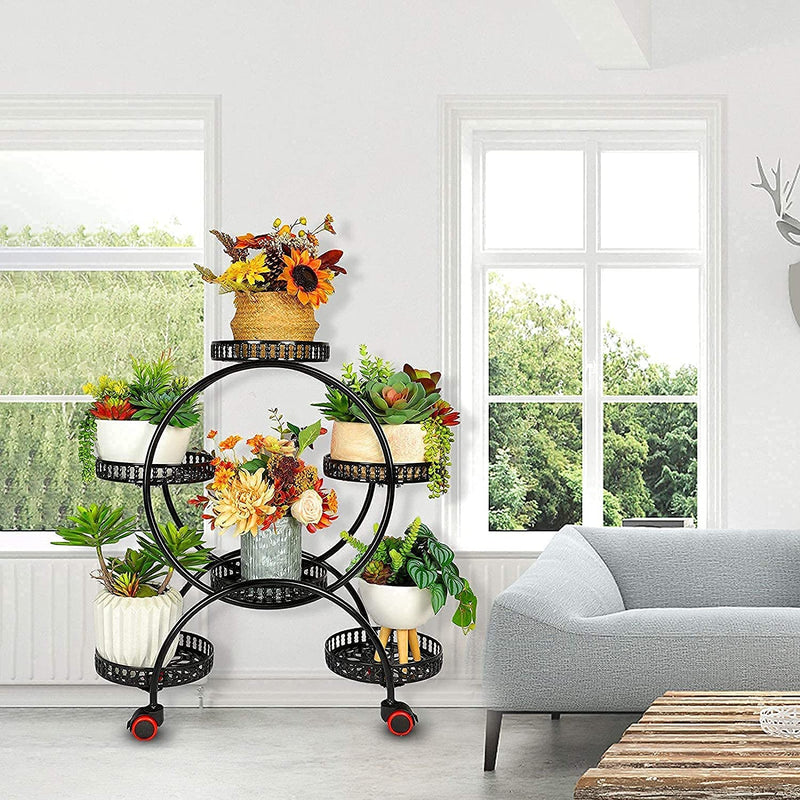 6 Pot Metal Plant Stand Multi-Layer Plant Holder Flower Pot Rack with Wheels for Garden Yard Indoor Outdoor