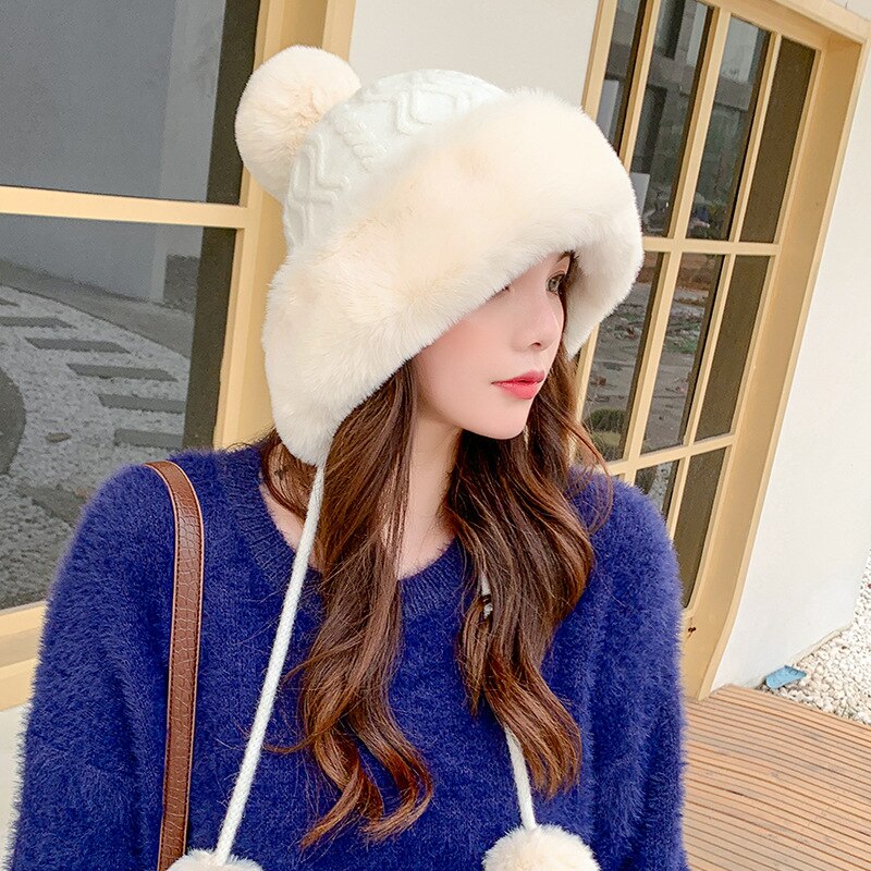 Sparsil Woman Autumn Winter Mink Knit Bomber Hat Thick Female Fluffy Pompom Outdoor Warm Windproof Earflap Trapper Snow Ski Caps