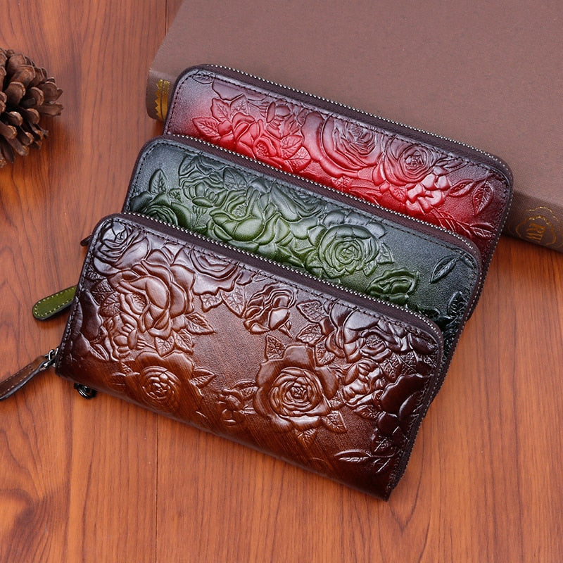 Genuine Leather Women Wallet Long Clutch Handy Bag Printing Rose flower Female Lady Card Retro Money Clips Purse