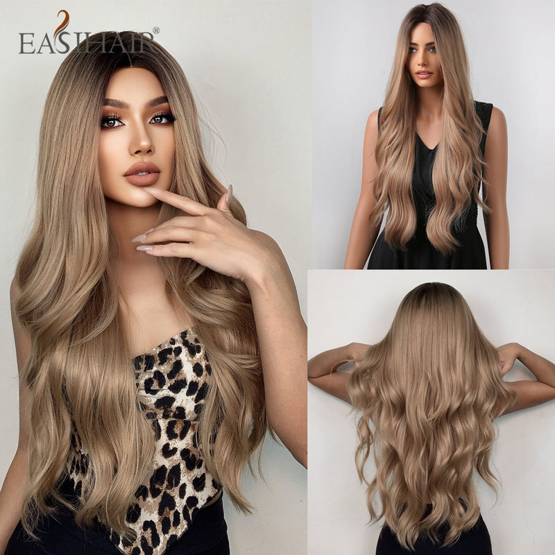 EASIHAIR Long Wavy Dark Brown Black Synthetic Wigs Natural Middle Part Hair Wigs for Women Daily Cosplay Party Heat Resistant