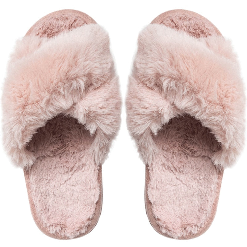 2022 Winter New Women Slipper Soft Rabbit Fur Cross Upper 3cm Heel Platform Fur Warm Indoor Ladies Open Toe Fluffy Home Slippers