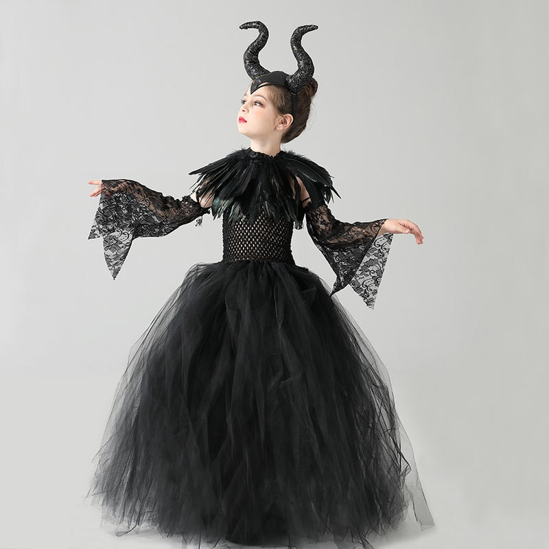 Mädchen Halloween Böse Hexe Schwarzes Kleid Tutu Kleid mit Federschal Viktorianische Kinder Dunkle Königin Bösewicht Cosplay Kostüm