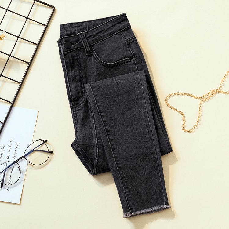 2022 Neu kommen Frau Röhrenjeans Schwarz Grau Hohe Taille Elastische Denim-Bleistift-Hosen Frau Mon Korean Fashion Jeans Solid