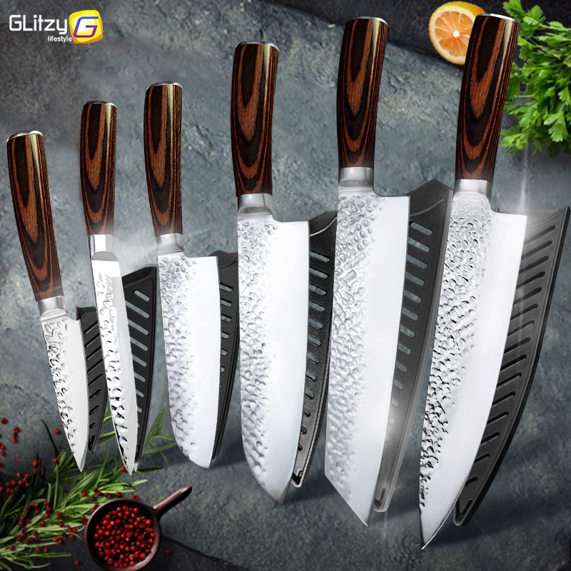 Kitchen Knife Japanese Chef Knives Set 7CR17 High Carbon Stainless Steel Full Tang Hammer Pattern Meat Cleaver Utility Santoku K