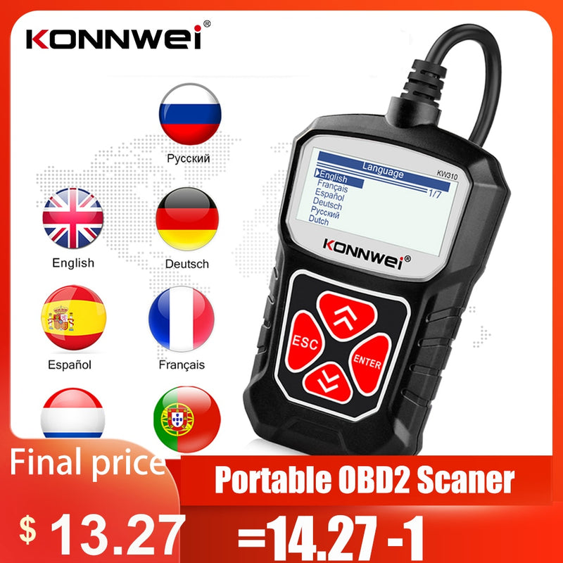 Escáner KONNWEI KW310 OBD2 para Auto OBD 2, herramienta de diagnóstico de escáner de coche, escáner automotriz, herramientas de coche, idioma ruso PK Elm327