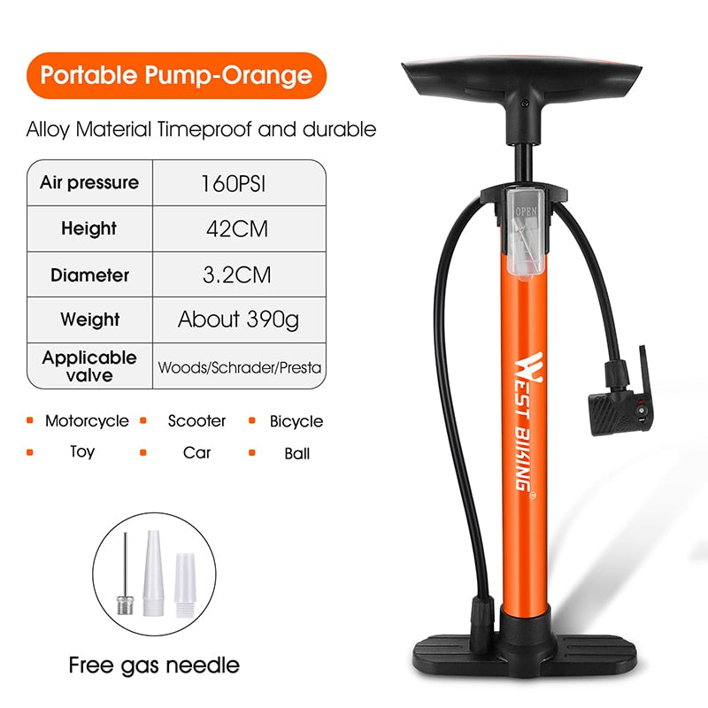 WEST BIKING Bike Floor Pump 120/160PSI High Pressure Cycling Pump Air Inflator Schrader Presta Valve Road MTB Bicycle Tire Pump