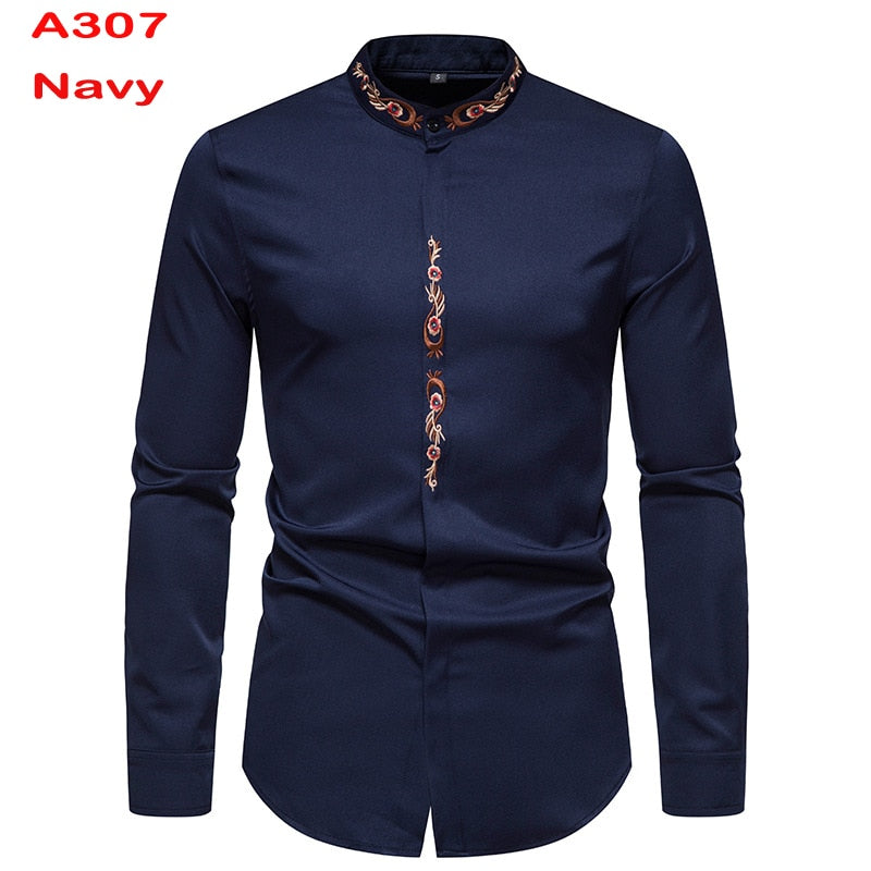 Camisas de vestir azul real para hombre, camisa de cuello mandarín con bandas de marca 2022, camisa informal de manga larga con botones y bolsillo 2XL para hombre