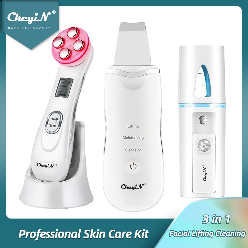 CkeyiN Ultrasonic Skin Scrubber Facial Spatula Deap Cleaning Skin Peeling Face Cleaner RF EMS LED Beauty Device Mini Nano mister