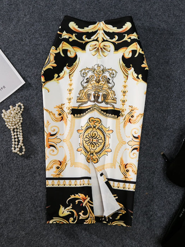 New-Coming European Women Summer Print Pencil Skirt High Stretch Personality Midi Slip Hip Skirt Female Autumn