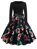Winter WeihnachtsKleider Damen 50er 60er Vintage Kleid Swing Pinup Elegant Partykleid Langarm Freizeit Print Schwarz