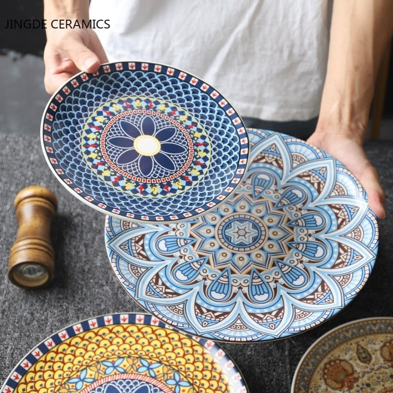 European-style ceramic tableware bohemian flat plate home plate hand-painted plates shallow dish and dessert creative pattern