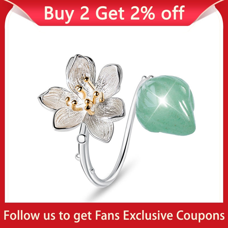 Lotus Fun Real 925 Sterling Silver Natural Aventurine Gemstones Flower Ring Fine Jewelry Lotus Whispers Rings for Women Bijoux