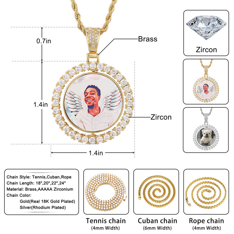 D&amp;Z Custom Made Photo Rotating Double-Sided Medaillons Pendant Micro Paved CZ Round Pendant Collier For Men Women Accessories