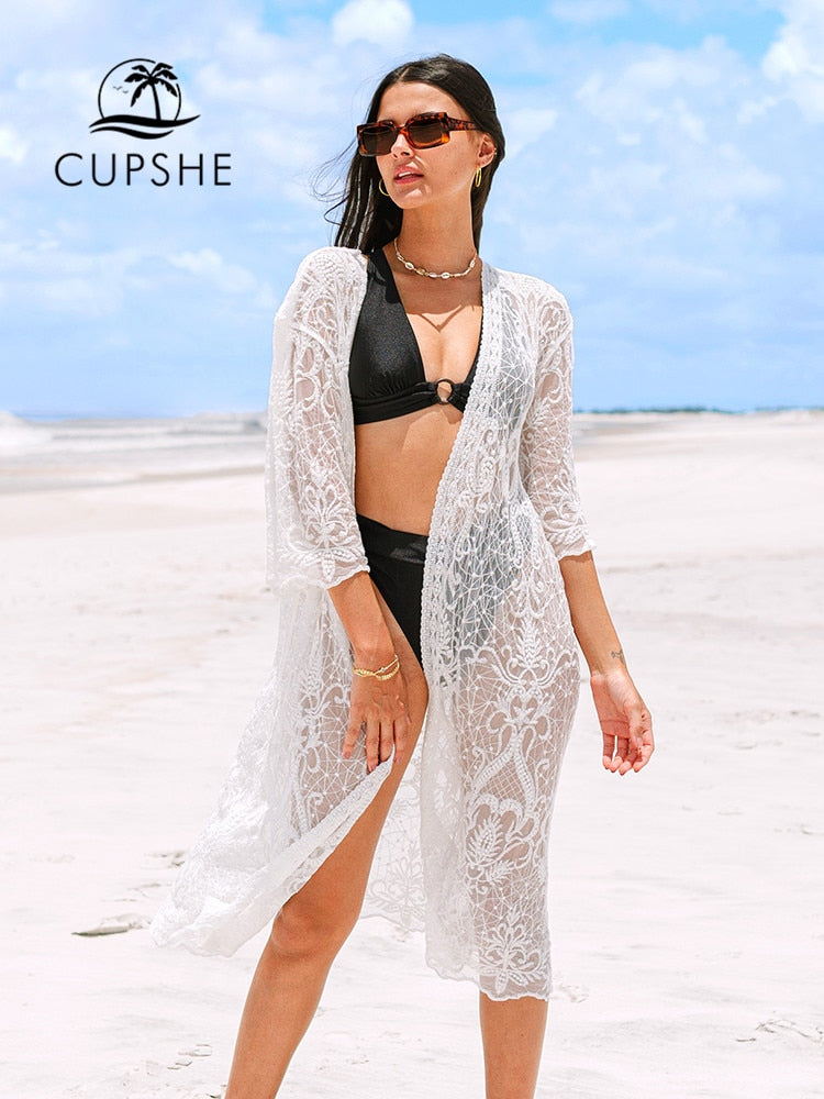 CUPSHE White Crochet Bikini Cover Up with Fringe Trim Women Sexy Hollow Tunic Beach Dress 2022 Summer Bathing Suit Beachwear