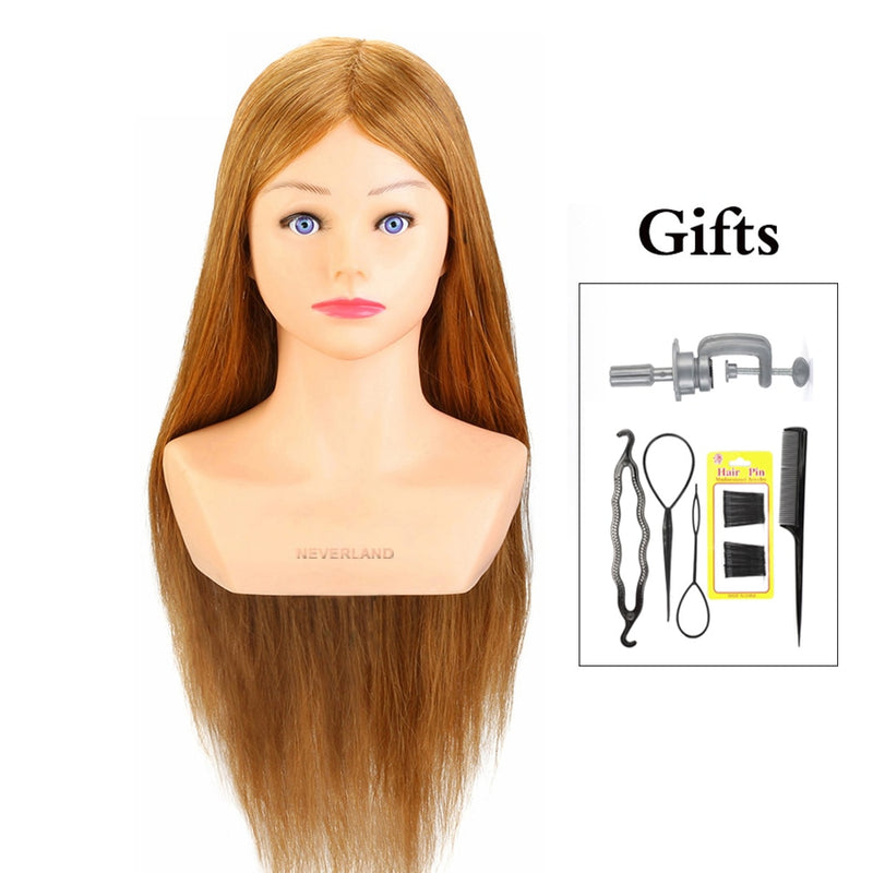 24'' 100% Real Hair Training Head with Shoulder Hairstyles Dummy Doll Mannequin Head for Hairdresser Manikin Head