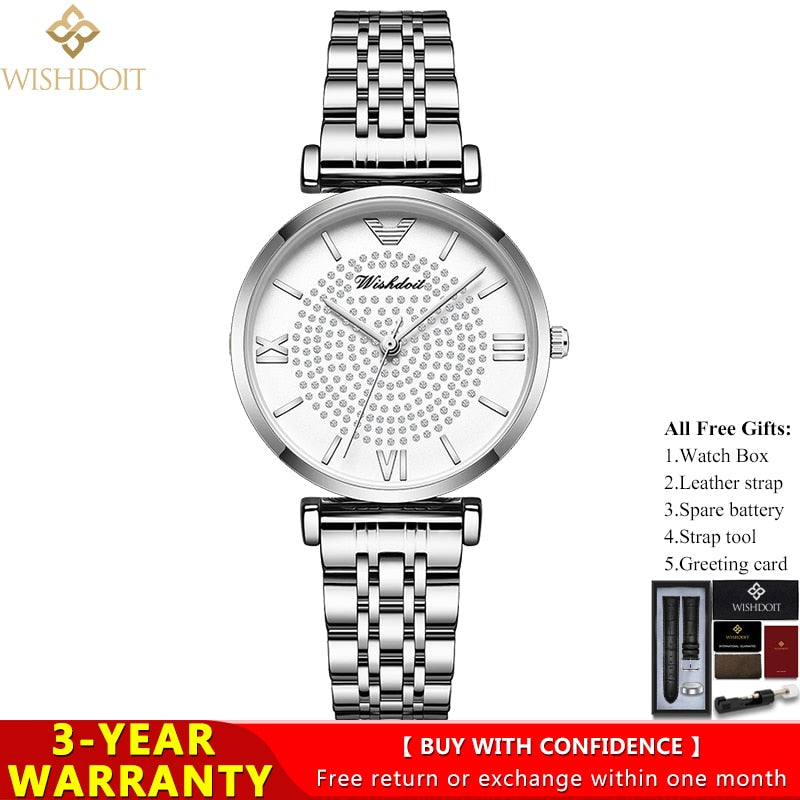 WISHDOIT 2022 New Casual Fashion Ladies Watch Stainless Steel Strap Quartz Watch Diamond Ladies Hand Watch Relógio feminino