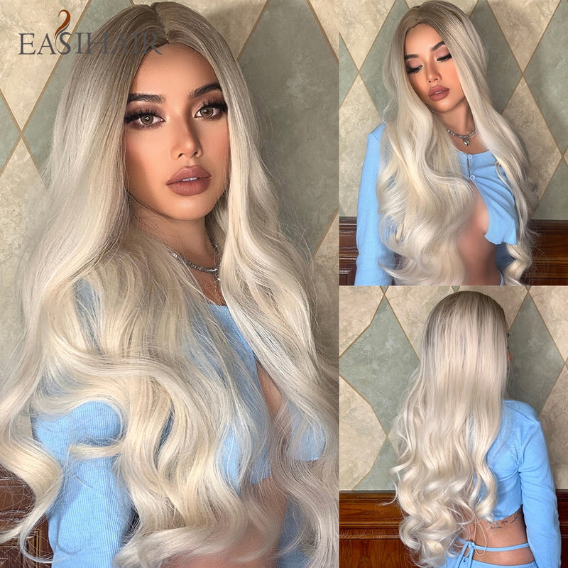 EASIHAIR Long Light Blonde Ombre Natural Wave Style Wigs Heat Resistant Synthetic Wigs Middle Part Hair Cosplay Wigs for Women