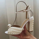 2021 Pearl Platform Sandals Women Open Toe Rhinestone Diamond Square High Heels Shoes Woman Sexy Wedding Shoes