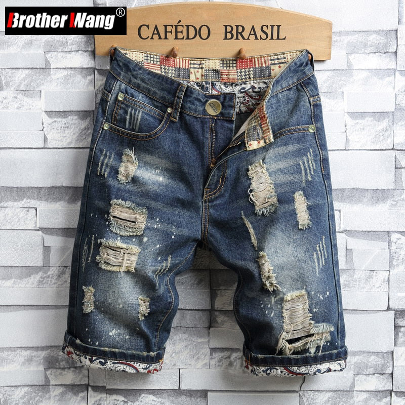 Men's Hole Denim Shorts 2022 Summer New Fashion Casual Slim Fit Ripped Retro Short Jeans Male Brand
