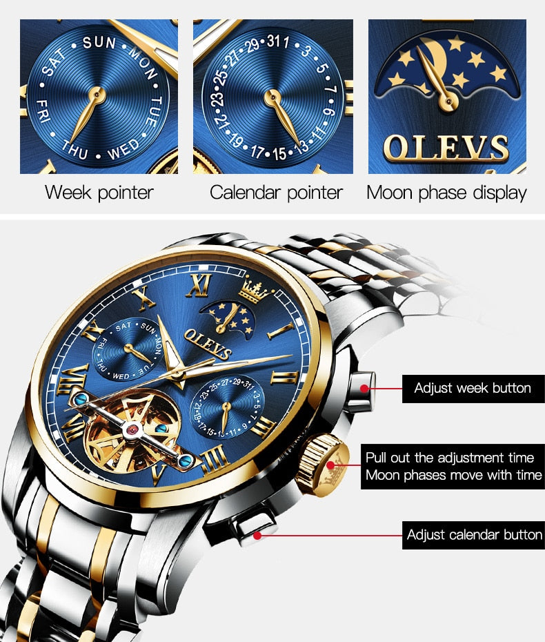 OLEVS Men Watch Automatic mechanical watch  Stianless Top Brand Dress Luxury moon phaseTourbillon Wristwatch Gifts for Male