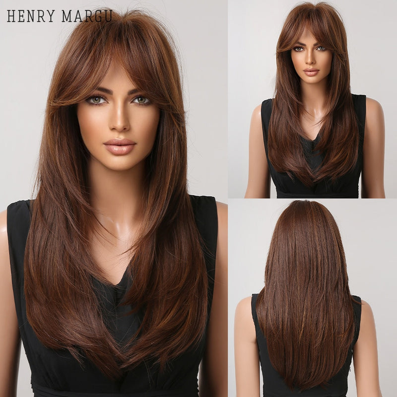 HENRY MARGU Long Straight Black Synthetic Wigs With Bangs Natural Fake Hairs for Women Afro Heat Resistant Cosplay Daily Wigs