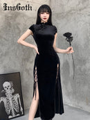 InsGoth Retro Cheongsam Black Dress Goth High Waist Bandage Patchwork  Midi Dress Women Elegant Bodycon Short Sleeve Party Dress