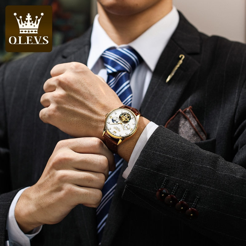 OLEVS  Classic Mens Mechanical Watches Automatic Watch Tourbillon Clock Genuine Leather Waterproof Military Wristwatch